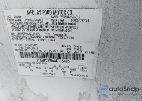 2010 Ford Taurus Limited z USA, uszkodzony, nr VIN 1FAHP2FW6AG115495